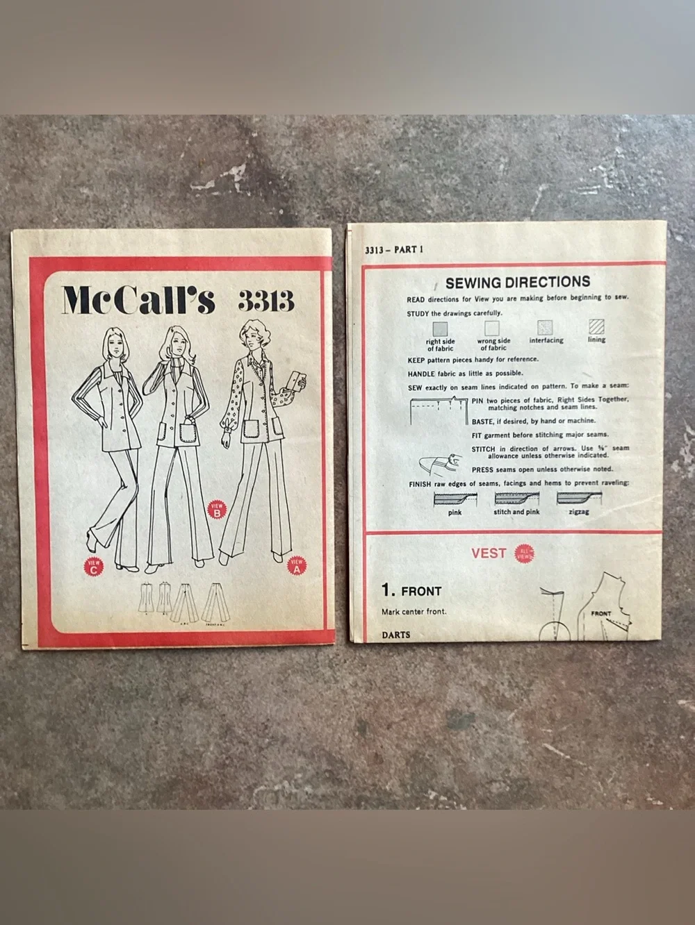 Vintage 1972 McCall's 3313 Sewing Pattern Misses' Vest & Pants, 70s